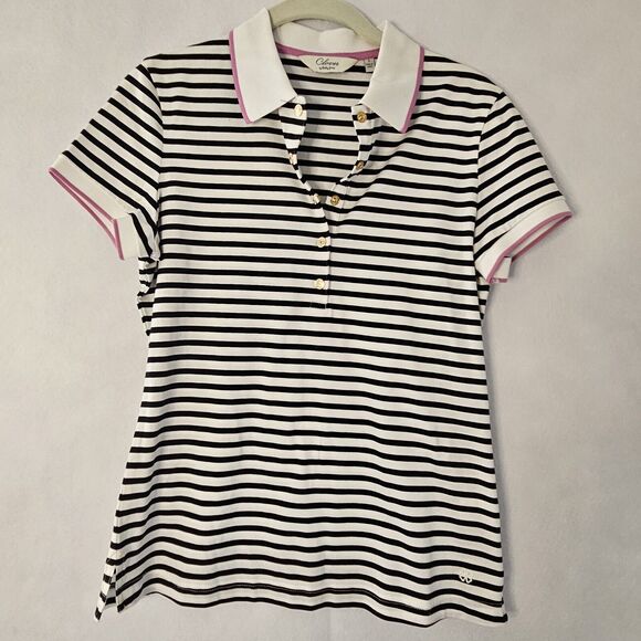 CLOVER By Bobby Jones Sz S Black & White Stripe Polo Womens Gold Button - Picture 1 of 8